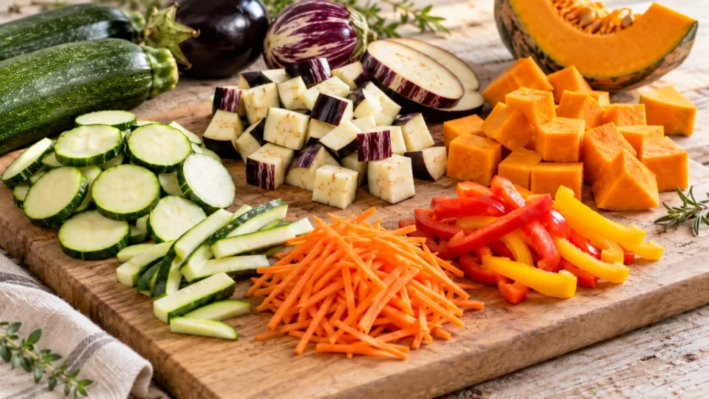 Zucchine, melanzane ovali nere e striate, zucca, peperoni e carote tagliati da cuocere