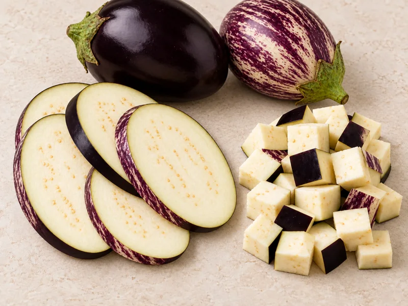 Melanzane ovali nere e striate a fette e cubetti da cuocere