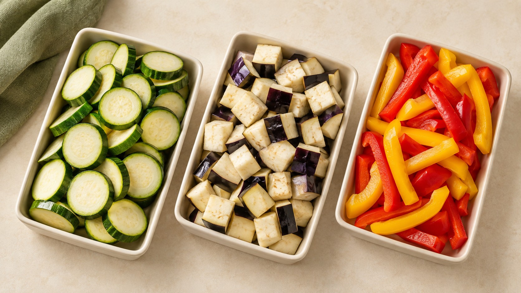 Zucchine a rondelle, melanzane a cubetti e peperoni a listarelle crudi in tre contenitori su fondo chiaro