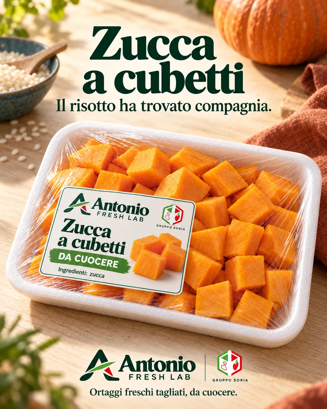 Rappresentazione illustrativa di zucca a cubetti in vaschetta filmata con etichetta Antonio Fresh Lab.