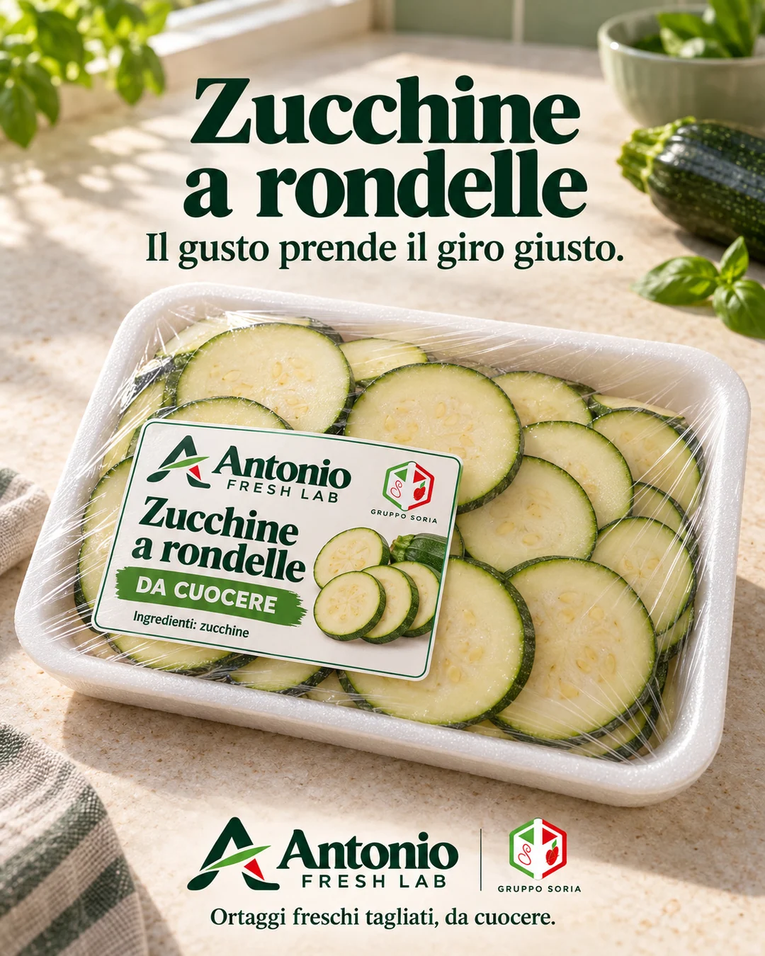 Rappresentazione illustrativa di zucchine a rondelle in vaschetta filmata con etichetta Antonio Fresh Lab.