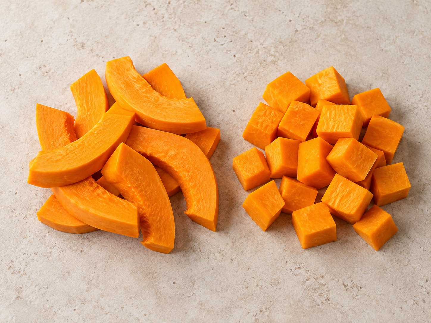 Zucca fresca a fette e cubetti da cuocere