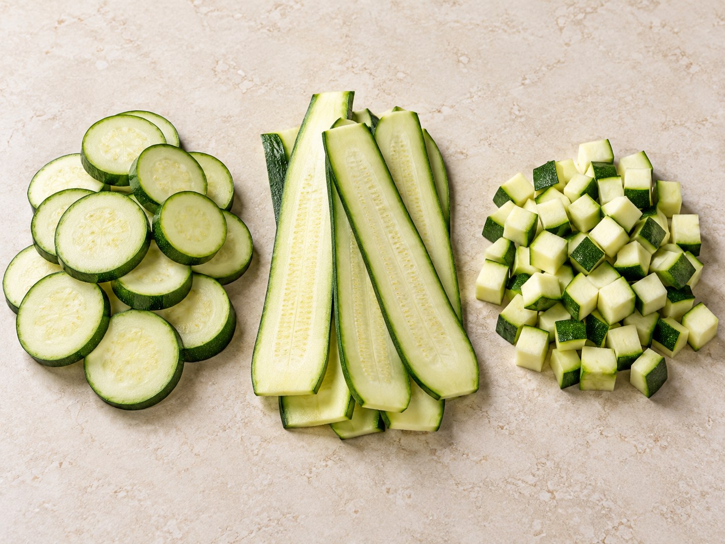Zucchine fresche a fette, rondelle e cubetti da cuocere